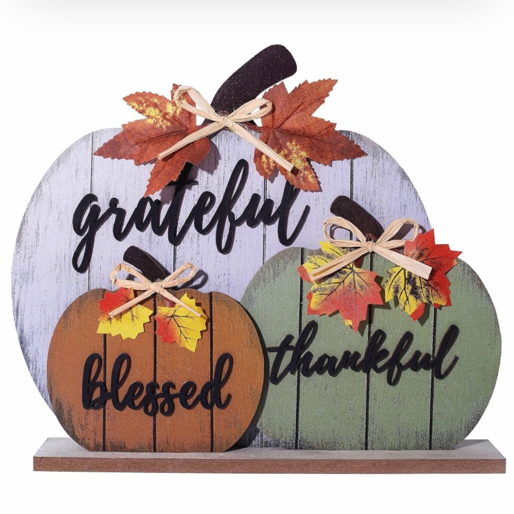 ~Decorative Wooden Pumpkin Trio with Autumn Leaves~